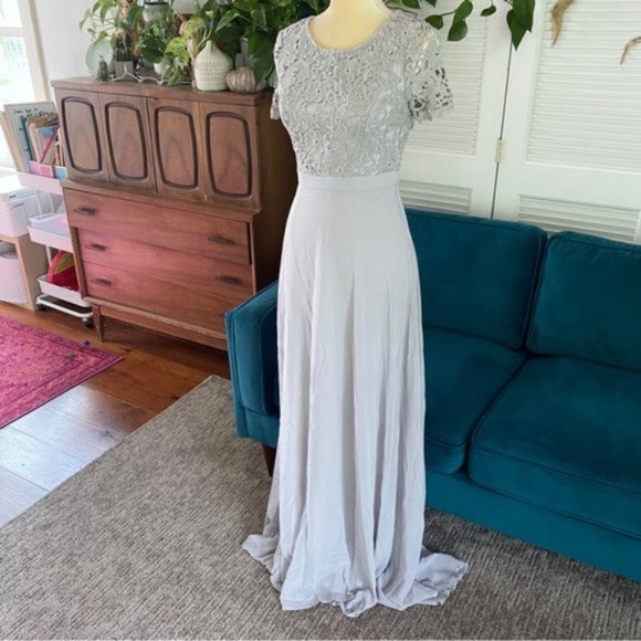 Maniju Lulus Savannah Days Short Sleeve Open Back Gown Maxi Dress Grey Gray New - Picture 6 of 16
